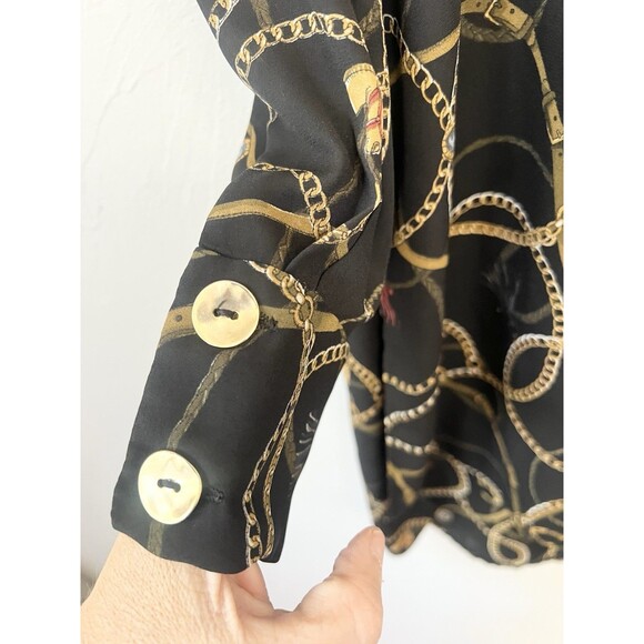 ZARA XSMALL BLACK HORSE CHAIN PRINT TIE NECK LONG OVERSIZED BLOUSE TOP XS - Picture 7 of 9